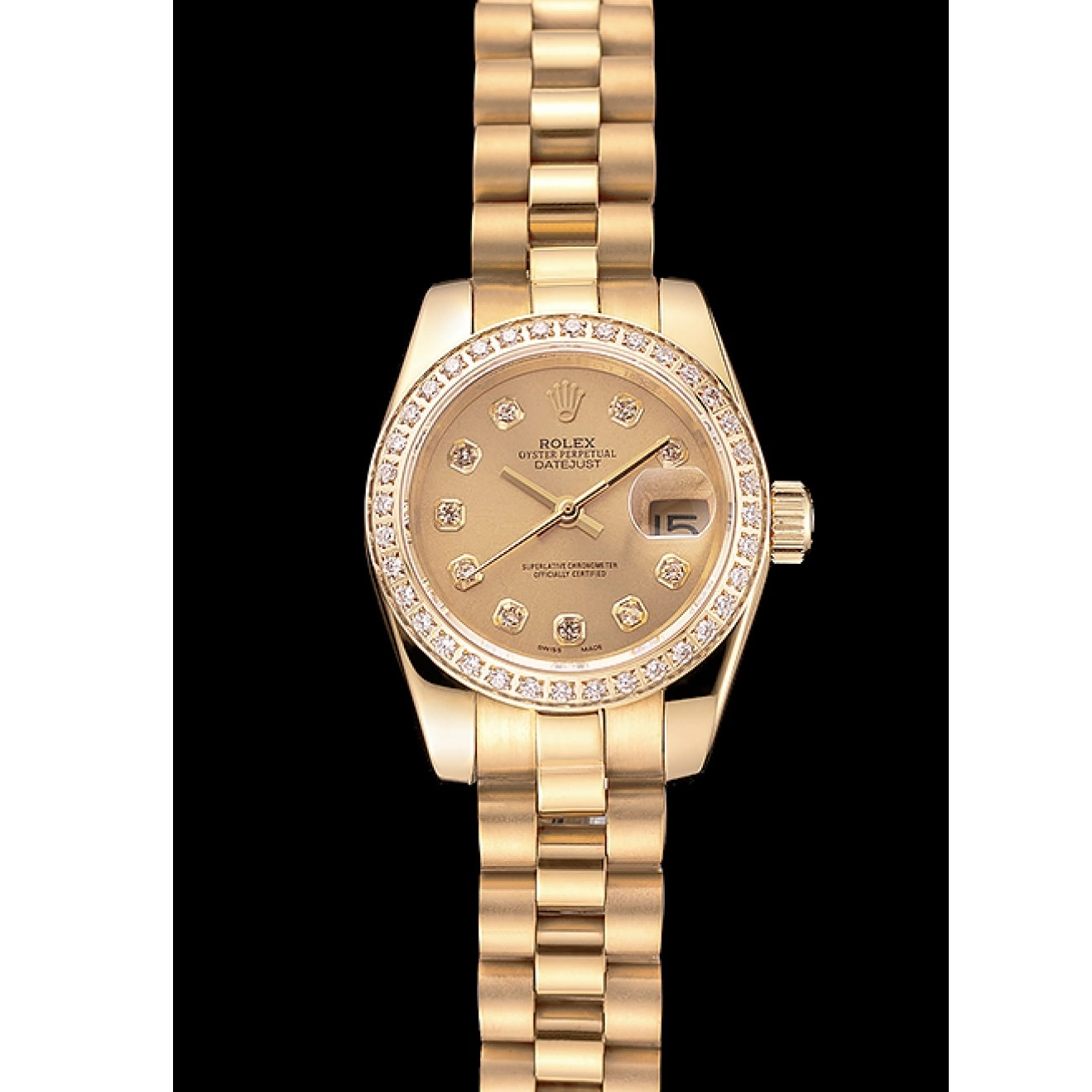 AAA Replica Watches Swiss 1454095 Gold Champagne Dial Diamond Bracelet Lady-Datejust Bezel Rolex 0806